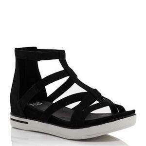 Eileen Fisher Platform Sandals 9.5 Strappy Sporty Casual Zip Back Black Sola